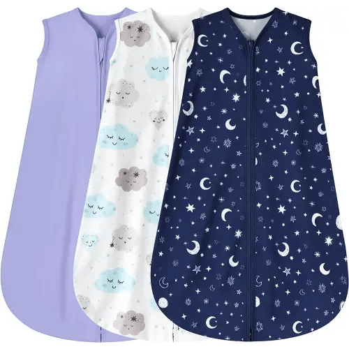 3 Pack Baby Sleep Sack 0-6 Months 100% Rayon Cotton Baby Sleeping Bag 2-Way Zipper Toddler Wearable Blankets Comfy Stretchy Lightweight TOG 0.3 (Purple&Clouds&Starry Sky)