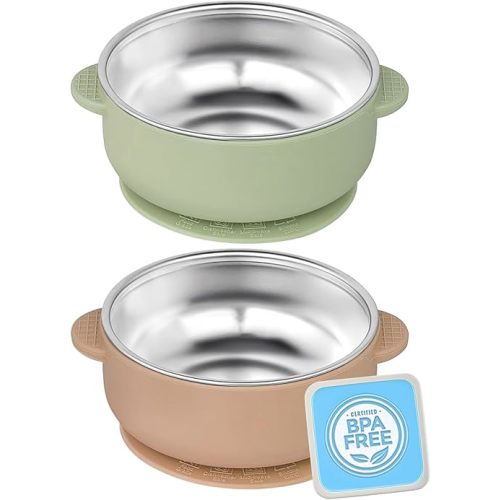 2 Pack Stainless Steel Toddler Suction Bowls for Baby Plates, 2-in-1 SUS304 Toddlers Bowl & Removable Silicone Suction Kids Bowl for Cereal | Snack | Anti-Scald Non-Toxic Suction Bowls