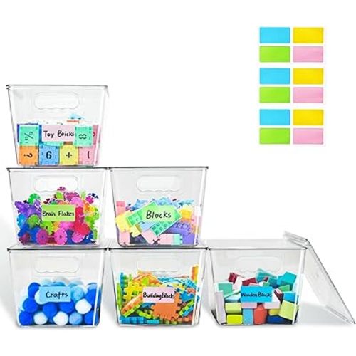6 Pack Clear Stackable Storage Bins, Plastic Toy Organizers and Storage with Lids, Toy Bins for Kids Organizer, Storage Container for Organizing for Playroom, Toy Storage Organizer Holds Toys(6)