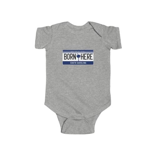 South Carolina SC Unique Gift Born Here License Plate Onesie Baby Infant Novelty Fine Jersey Bodysuit