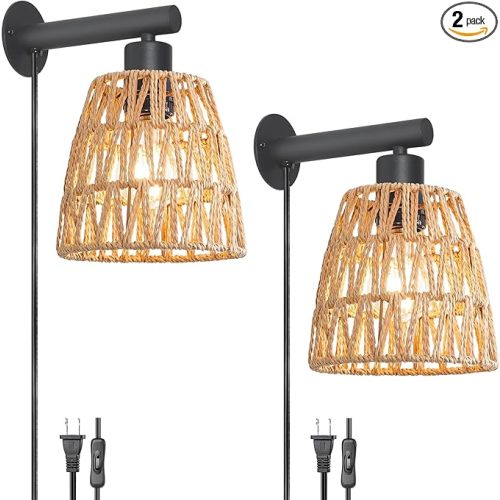 Boho Plug in Wall Sconce Set of 2 – Black Farmhouse Wall Lights with Rattan Shade | Bedroom & Living Room Plug in Wall Lamps for Sofa (5.9FT On/Off Switch Cord)