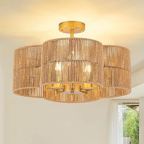 Boho Light Fixtures Ceiling Light,5-Light 19" Rattan Semi Flush Mount Ceiling Light Fixture with Hand-Woven Shade, Farmhouse Chandelier for Hallway Living Room Bedroom Kitchen Island Entryway