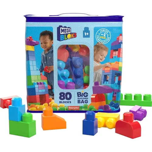 MEGA BLOKS First Builders Toddler Blocks Toys Set, Big Building Bag with 80 Pieces and Storage, Blue, Ages 1+ Years