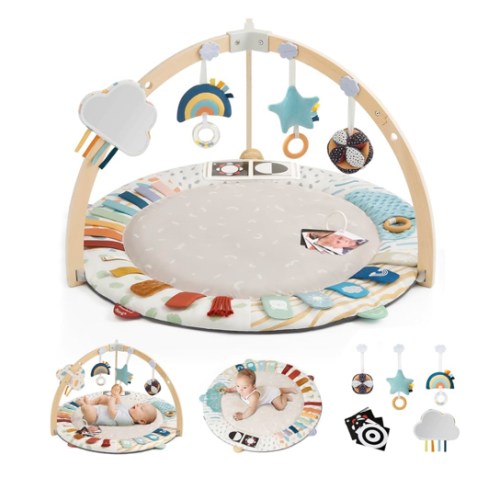 Blissful Diary Baby Play Gym & Activity Mat, 5 Developmental Zones Wooden Tummy Time Mat with 5 Detachable Sensory Toys for Motor Skills & Sensory Development, Baby Essentials Shower Gift