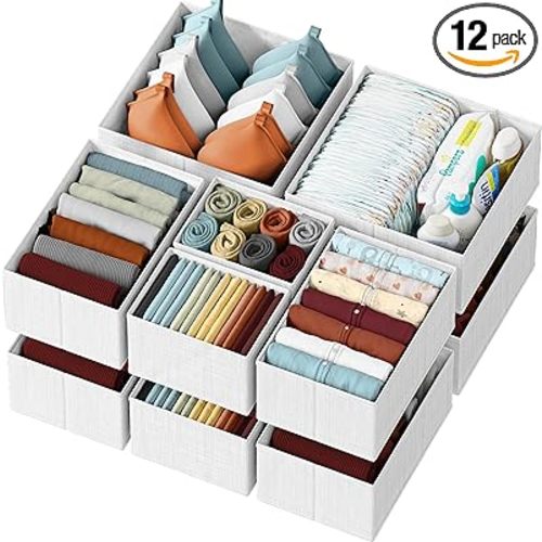 Drawer Organizer Clothes Set of 12 White-Grey - Dresser Organizer For Nursery, Bedroom, Closet - Perfect Baby Clothes Organizer and Storage & General Nursery Organization or Dresser Drawer Organizers - 12 Baskets