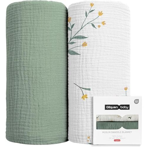 GLLQUEN BABY 2-Pack Muslin Swaddle Blankets for Unisex, Baby Swaddle Blanket for Boys and Girls, Soft Breathable Receiving Blankets Neutral, Newborn Essentials, Registry & Gift, 40 x 38 inches