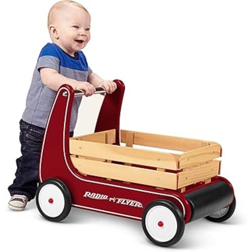 Radio Flyer Classic Walker Wagon – Wooden Baby Walker for Toddlers, Helps Build Confidence While Standing & Walking, Push Toy for Ages 1–4, Red