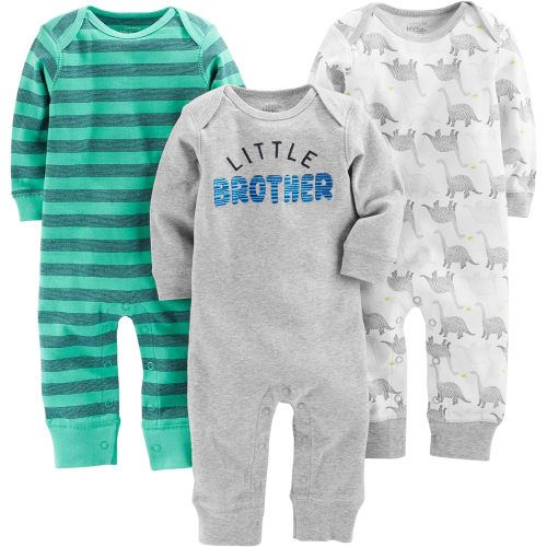Simple Joys by Carter's Baby Boys' 3-Pack Jumpsuits - 3-6 Months - Green Rugby Stripe/Grey Heather/White Dinosaur