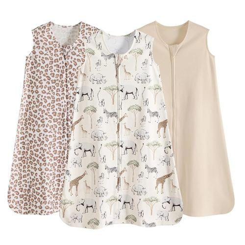 david's kids 3 Pack 100% Cotton Baby Sleep Sack 6-12 Months, Ultra Soft Baby Wearable Blankets with 2-Way Zipper, Comfy Sleeping Bags for Infant Newborn Boys Girls Neutral, Medium Size, Animal