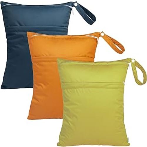 babygoal Wet Dry Bags 3 Pack for Baby Cloth Diapers, Washable Travel Bags, Beach, Pool, Gym Bag for Swimsuits & Wet Clothes with Two Zippered Pockets 3LN29