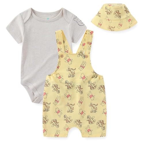 Disney Winnie the Pooh Baby Boys French Terry Shortall Overalls T-Shirt and Hat 3-Piece Set for Infants