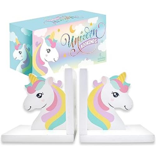 Decorably Unicorn Book Ends for Kids Books - 1 Set Non-Skid Wooden Kids Book Ends for Shelves, Girl Bookends