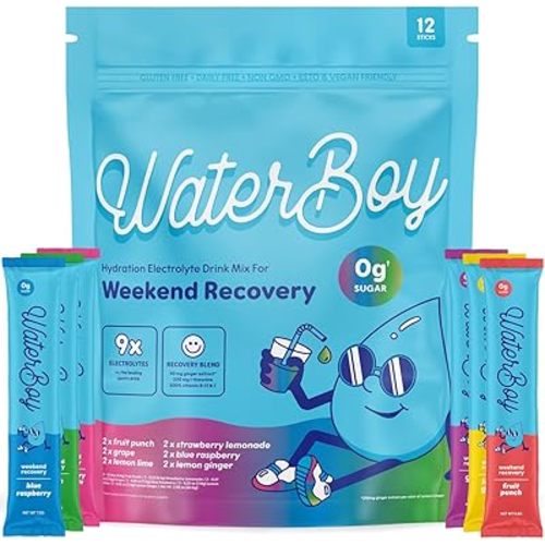 Waterboy Weekend Recovery Sample Pack | 3,200mg Electrolyte Powder Packets | Ginger + L-Theanine + Vitamins | No Sugar, All Natural, Gluten Free | 12 Drink Stick Mixes (Sample Pack)