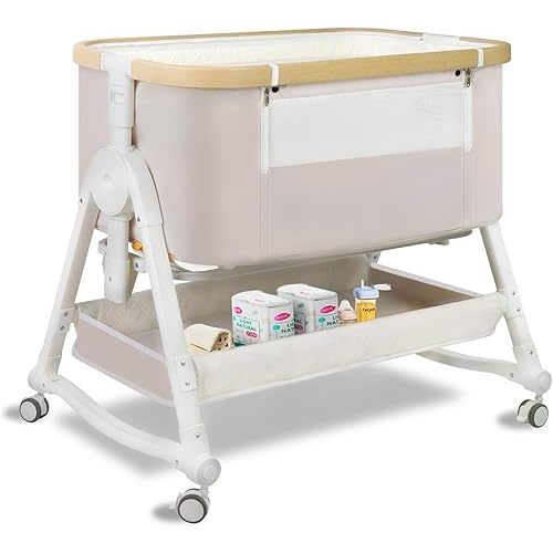4 in 1 Baby Bassinet, Bassinet Bedside Sleeper with Wheels and Storage Basket, Adjustable 7 Heights Bedside Sleeper with Musquito Net, Breathable Mesh Rocking Bassinet for Baby/Newborn