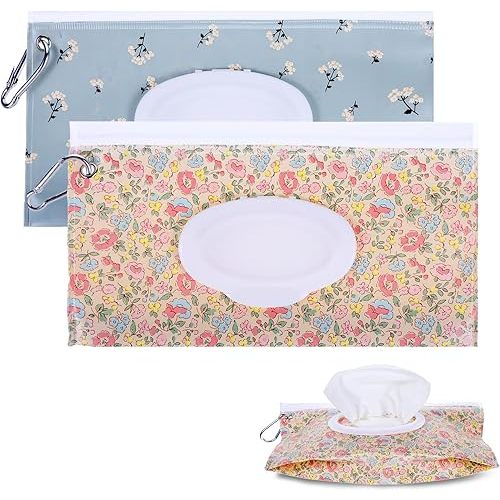 2 Pack Baby Wipe Container with Hook, Portable Refillable Wipe Holder Floral Pattern Reusable Travel Baby Wipes Dispenser Wet Wipe Pouch for Outdoor Outing Camping Hiking Shopping(Flower)