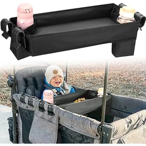 Upgraded Stroller Snack Tray for Wonderfold Wagon W4 Series - Kids Toy Placement - Faux Leather Sides - Easy to Clean - Deeper Cup Holder - Reinforced Sides (W4 Model)