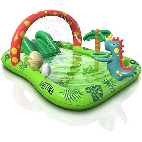 Inflatable Kids Pool, Airefina Dino Planet Inflatable Play Center Kiddie Pool with Water Slide, Ultra Thick 97"x76"x41" Toddler Pool with Play Ball Hoop, for Backyard, Garden, Water Park, Ages 3+