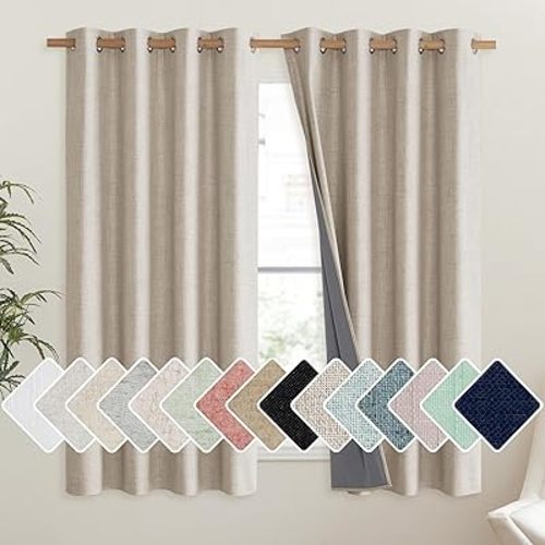 NICETOWN Oatmeal 100% Blackout Short Curtains 63 inches Lenghth Burg for Kitchen, 2 Panels, Burlap Linen Drapes with Thermal Insulated Grey Liner, Keeping Out Cold Air and Heat Panels