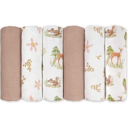 GLLQUEN BABY Receiving Blanket Boy Cotton Muslin Swaddle Blankets Girl Newborn Squares Breathable & Soft Thin Baby Blankets Cloths Double Absorbent Infant Swaddling Wrap - 6 Pack (Deer & Soft Light)