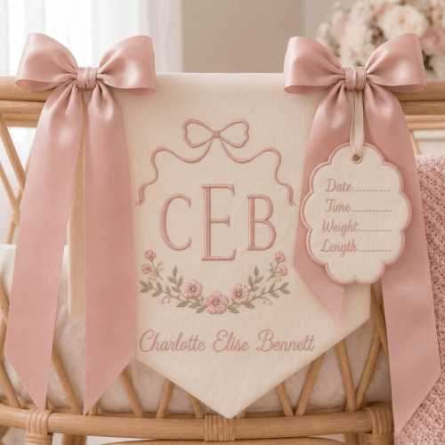 Personalized Monogram Embroidered Baby Banner, Custom Birth Stats Card Tag, Floral Name Banner With Bow