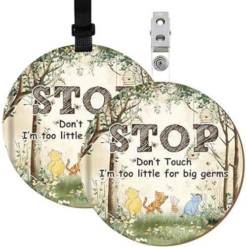 No Touching Baby Signs, Winnie Stop Do Not Touch Baby Car Seat Sign Stroller Tags with Hanging Strap and Clip, Wooden Car Seat Decor Signs, No Touching Babies Sign for Newborn