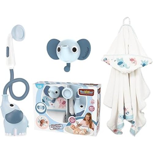 Yookidoo Baby Bath Elephant Shower Head Gift Set - Includes Hooded Towel & Hanger - Control Water from 2 Elephant Trunk Knobs for Max Fun in Tub or Sink Newborns, Toddlers, Boys, Girls (Cloudy Blue)