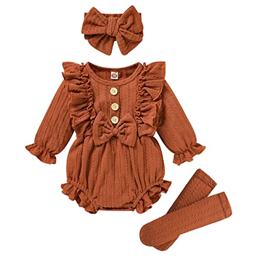 GRNSHTS Newborn Baby Girl Clothes Ruffle Solid Sweater Long Sleeve Romper+Hairband+Socks 3Pcs Fall Winter Outfits