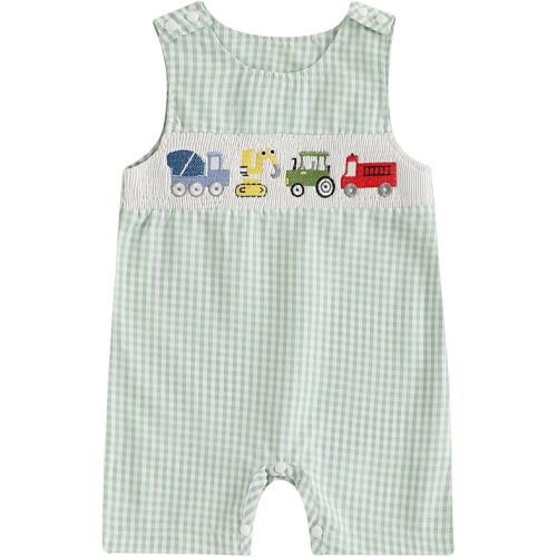 Baby Boy Summer Clothes Sleeveless Embroidery Dinosaur Striped Retro Romper Jumpsuit Smocked Shortall