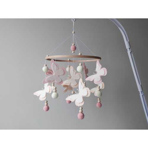Pink butterflies baby mobile girl Butterfly nursery decor Crib mobile musical bb pom pom felt mobile Hanging cot mobile New baby girl gift