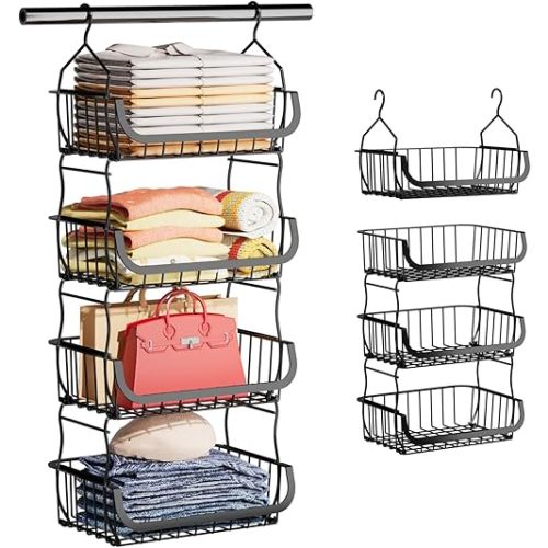 Metal Closet Hanging Organizer, 4 Tier Stackable Closet Organizers and Storage, Sturdy Clothes Hanging Shelves, Wire Storage Basket for Clothing Pants Coat Sweaters Handbags Hats, RV Pantry Organizer