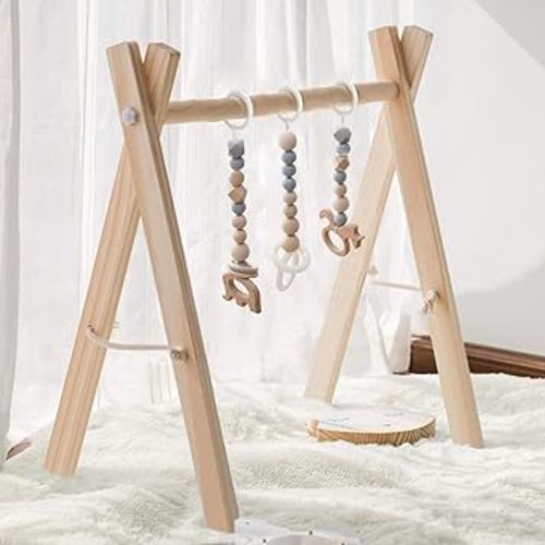 Wooden Baby Gym with 3 Gym Toys, Foldable Baby Play Gym, Natural Pine Wood Play Gym, Frame Activity Center Hanging Bar Newborn Gift, Newborn Gift for Baby Girl and Boy, Grey