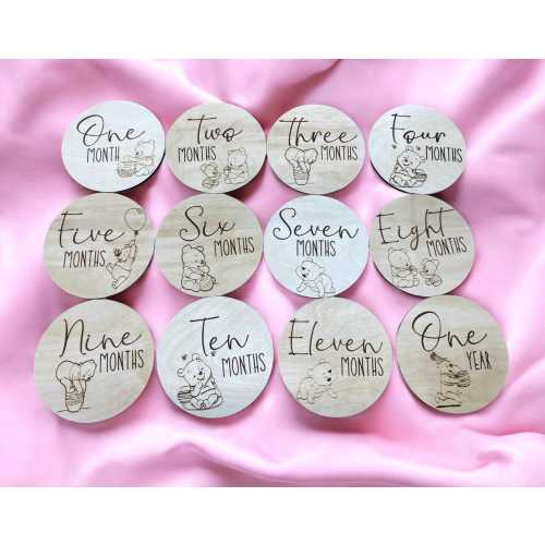 Winnie The Pooh Personalized Baby Month and Week Milestone Wood Disc Card