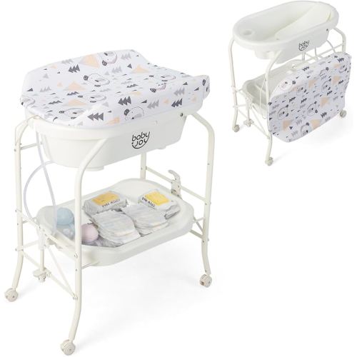BABY JOY Baby Bathtub with Changing Table, Foldable Infant Diaper Changing Station with Storage Tray, Waterproof Pad, Portable Newborn Nursery Organizer Bath Stand with 4 Universal Wheels (White)