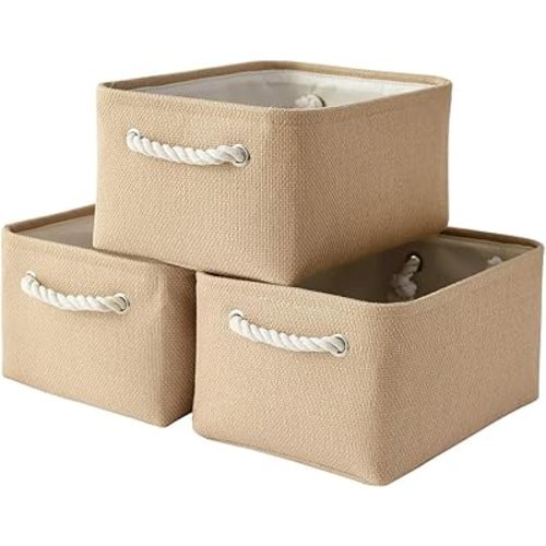 TheWarmHome Storage Bins for Shelves - Medium 3Pack 13.8L*9.8W*6.7H inch Canves Storage Basket for Organizing, Fabric Storage with Handles for Clothes Baby Dog Toys(Beige)