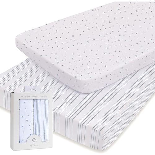 Ely’s & Co. Pack and Play Sheets, for Mini/Portable Crib, 2 Pack Fitted Playpen Play Yard Sheet Set Compatible with Graco Pack n Play, for Baby Boys, 100% Cotton, Blue Stars and Stripes, 38”x24”x5”
