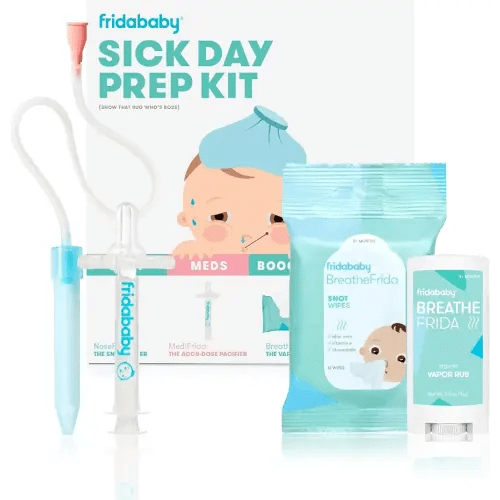 Frida Baby Sick Day Prep Kit, Sick Baby Essentials Includes NoseFrida Nasal Aspirator, MediFrida Pacifier Medicine Dispenser, Breathefrida Vapor Chest Rub + Snot Wipes, Soothe Stuffy Noses for Babies