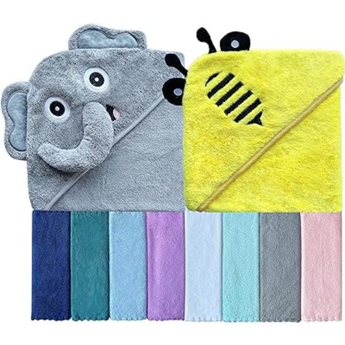 Sunny zzzZZ Baby Hooded Bath Towel and Washcloth Sets, Essentials for Newborn Boy Girl, Shower Gifts Infant Toddler - 2 8 Washcloths Yellow Bee Grey Elephant