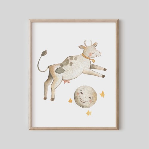 The Cow Jumped Over the Moon, Nursery Rhyme Print, Nursery Wall Art, Kids Room Decor, Mother Goose, Gender Neutral, Watercolor Paintings