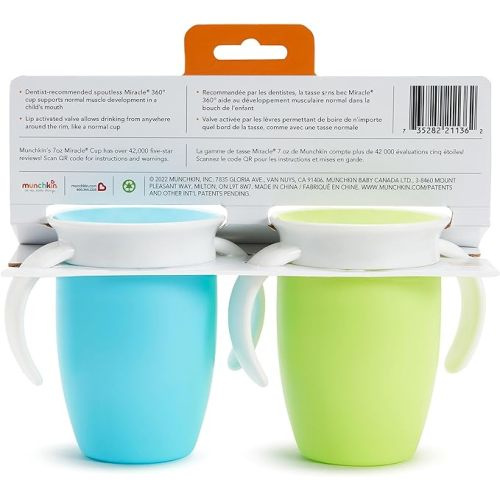 Munchkin® Miracle® 360 Trainer Sippy Cup with Handles, Spill Proof, 7 Ounce, 2 Count (Pack of 1), Green/Blue - Blue, Green