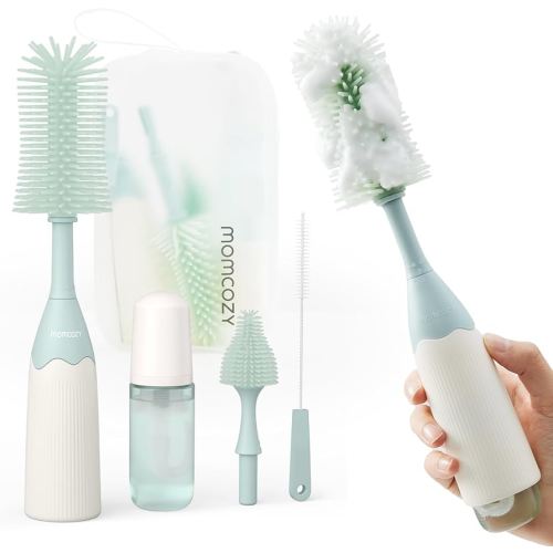 Momcozy Bottle Brush Kit, Innovative Push-Press Design for Better Cleaning - Baby Bottle Cleaner Brush for Baby Bottle, Breast Pumps, Nipples, and More - Can Generate Foam for Better Cleaning, Green