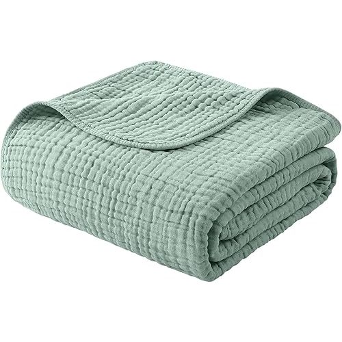 Yoofoss Muslin Blanket 100% Cotton Summer Blanket Large Twin Size 60" x 80" for Bed Couch 6-Layer Gauze Blanket for Adults Lightweight and Breathable Dark Green