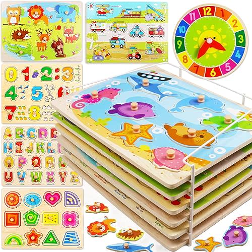 Puzzles for Kids Age 2-4 with Rack and Wooden Clock, 6 Pack Wooden Peg Puzzles for Toddlers with Storage Holder Rack, Educational Toys - Alphabet Number Animal Vehicle Shape
