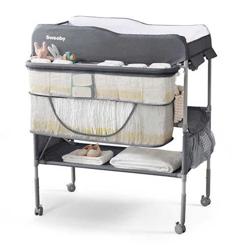 Sweeby Portable Baby Changing Table, Foldable Diaper Changing Station with Waterproof Pad, Mobile Nursery Organizer for Infant & Newborn Essentials, Dark Grey