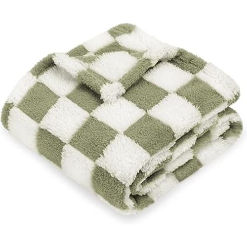 HOMRITAR Checkered Baby Blanket for Boys Girls Warm Cozy Reversible Checkerboard Toddlers Blanket, Fluffy Fuzzy Plush Bed Blanket with Chessboard Grid Design 350GSM Mustard Green 30 x 40 Inch