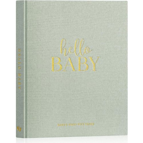 Lanpn Hello Baby First 5 Year Memory Book for Boy Girl - Linen Hardcover Baby Book Keepsake for New Parents - Newborn Baby Journal Scrapbook Photo Album Baby Milestone Book (Sage Green, 154 Pages)