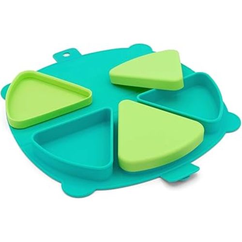 On-The-Go Snack Mat – Baby Silicone Travel Dining Placemat – Portable Silicone Toddler Plate – Reusable Snack Container with 3 Compartments and Lids for 6 Months + (Aqua)
