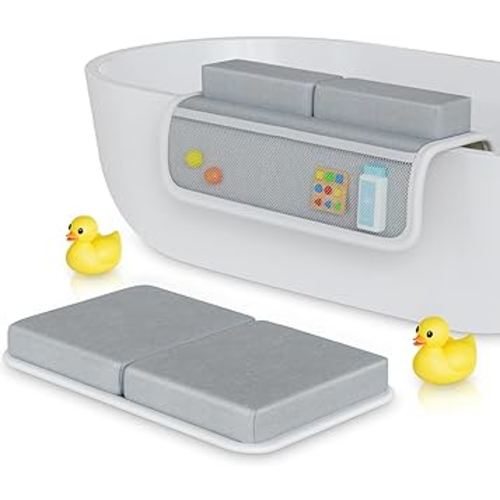 Baby Bath Kneeler and Elbow Rest Pad Set, Washable Bath Tub Kneeler & Elbow Rest - Memory Foam Bath Kneeling Pad with 4 Toy Organizer Pockets, Baby Bathtub Mat Non-Slip Baby Essentials