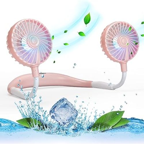 VAGAU Portable Cooling Neck Fan, Rechargeable USB Personal Neck Fan with Colorful LED lights, 360° Rotation, Wearable Neck Fan Air Conditioner for Office Travel Sport, 3 Adjustable Speeds(Pink)