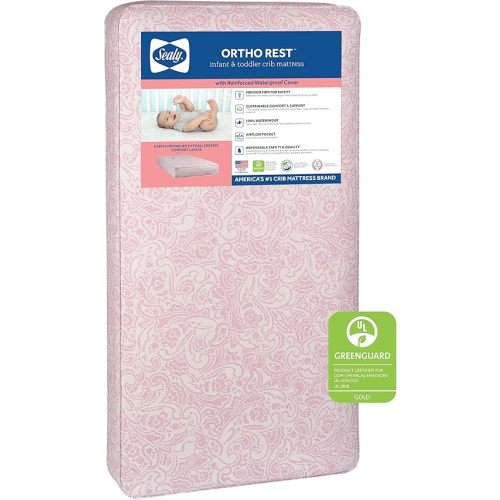 Sealy Baby Ortho Rest Waterproof Crib Mattress plus Toddler Bed Fit, 150 Extra Firm Coils, Orthopedic Comfort, GREENGUARD Gold Certified, Safety & Quality Tested, Made in USA, 52"X28" - Pink