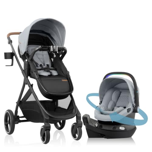 Evenflo Shyft Intuiti+ Travel System Featuring Revolve180 LiteMax NXT Preemie and Infant Car Seat with SensorySoothe and Green & Gentle (Quartz)